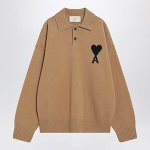 Ami Paris Men's Camel-Coloured Ami De Coeur Polo Sweater